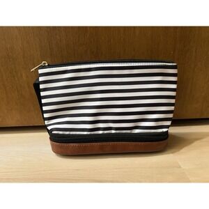 Unbranded Black‎ White Striped Wristlet Makeup Cosmetic Faux Brown Leather